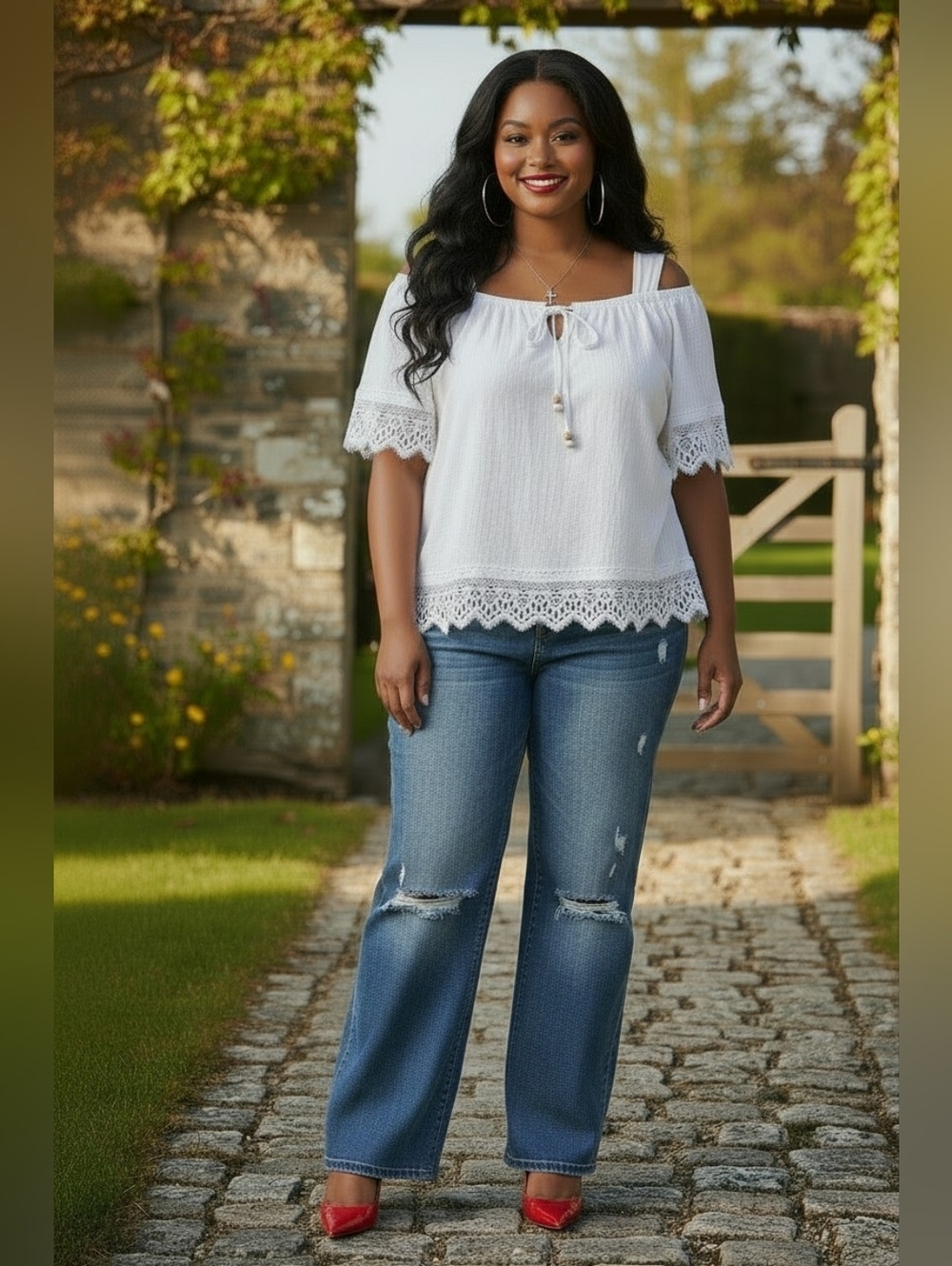 Cato White Lace Trim Peasant Blouse Tie Front Off Shoulder Plus Size 18/20W